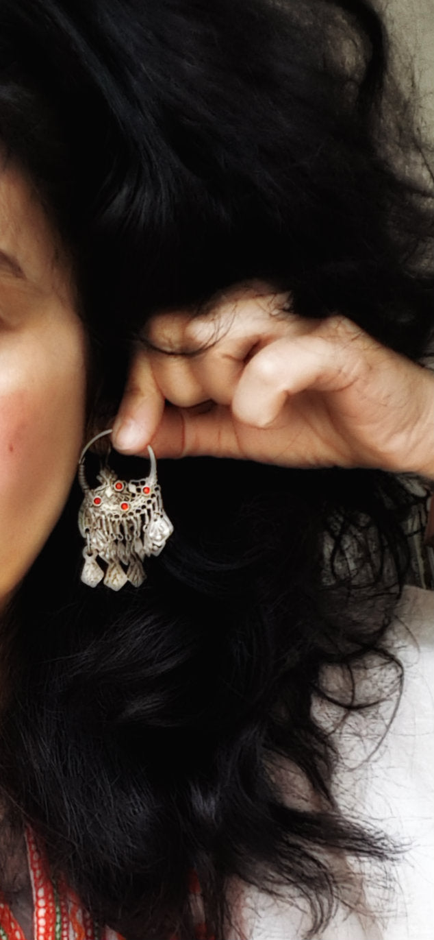 Afghani Hoop Earrings with Tassels and Red Glass