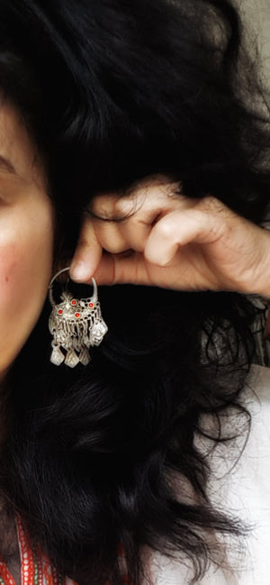 Afghani Hoop Earrings with Tassels and Red Glass