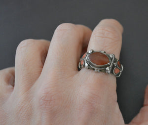Old Afghani Coral and Carnelian Ring - Size 10.5