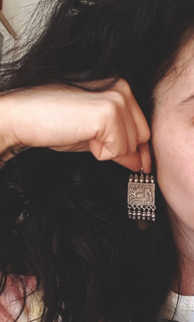 Rajasthani Silver Peacock Earrings with Bells