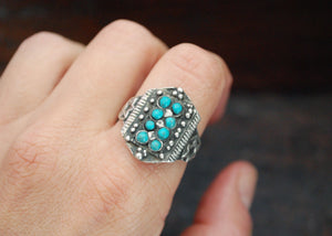 Antique Afghani Silver Ring with Turquoises - Size 8.5