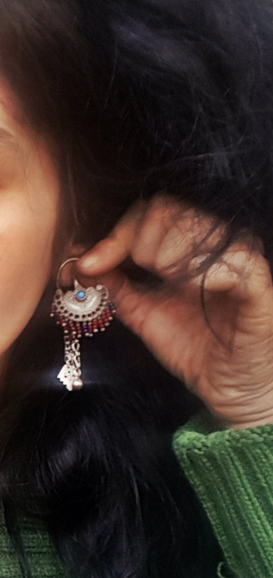 Afghani Hoop Earrings with Glass Bead Tassels