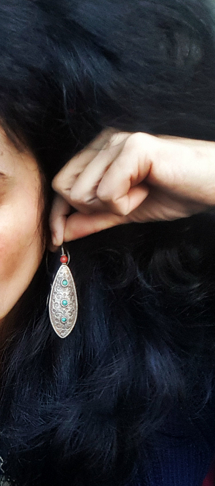 Ethnic Coral Turquoise Long Earrings