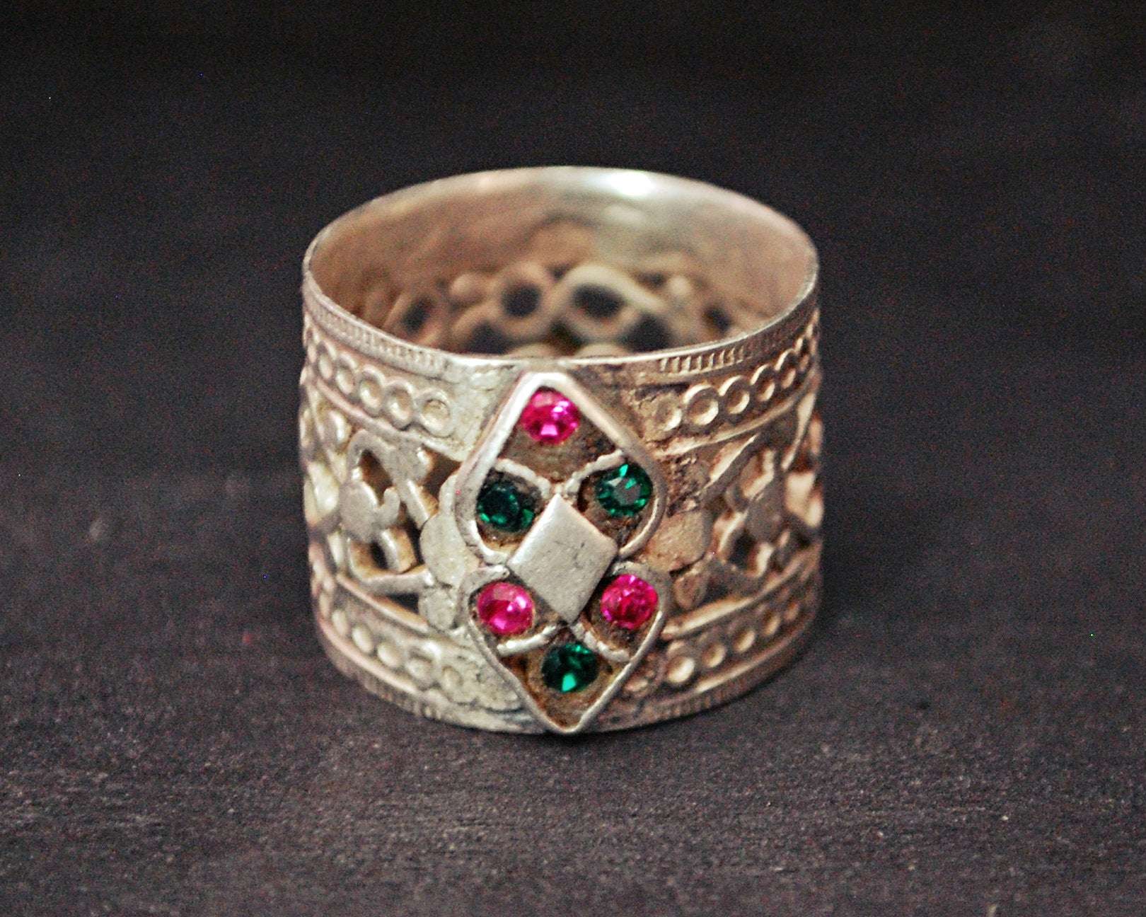 Antique Afghani Openwork Band Ring with Glass Stones - Size 8