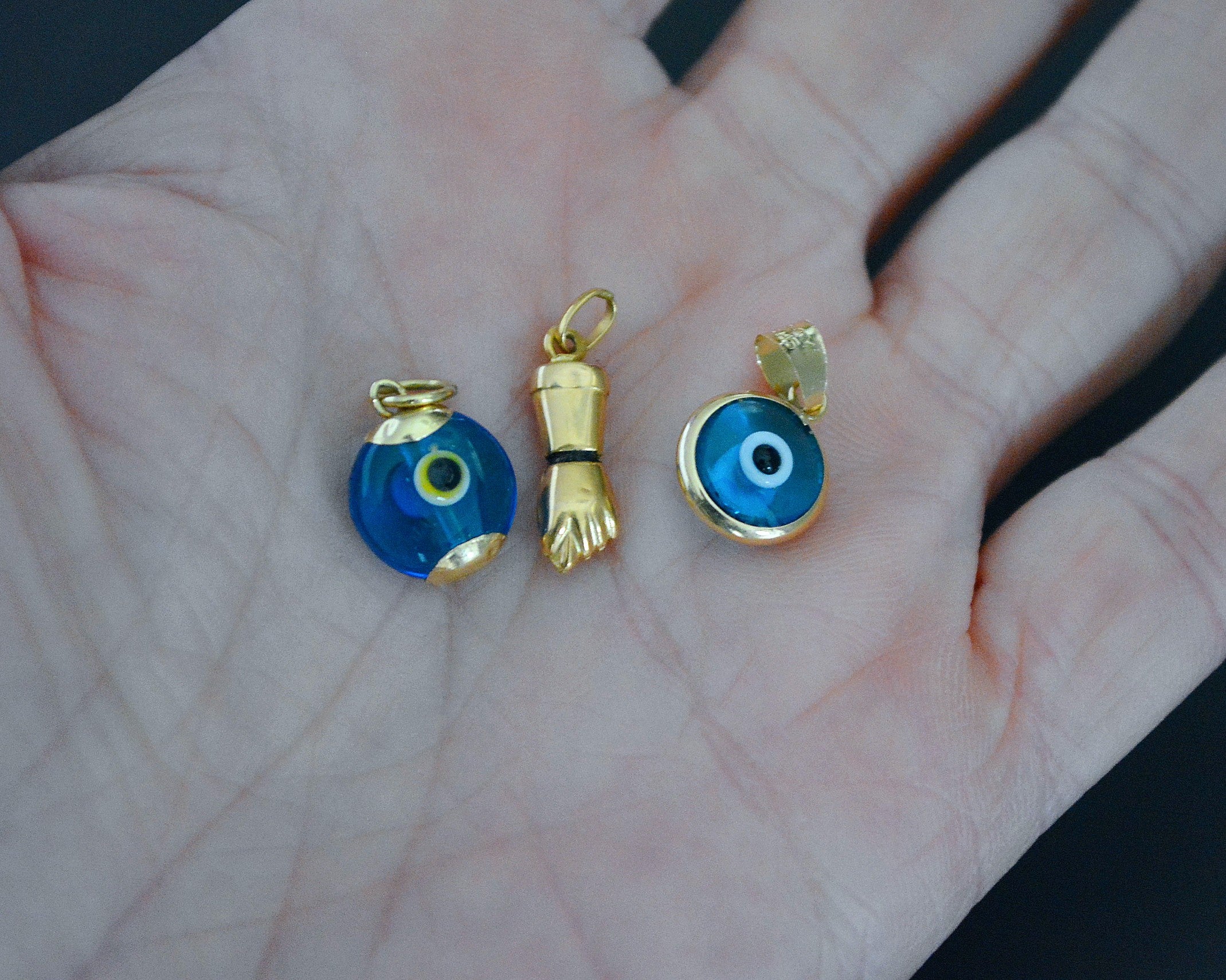 Turkish Evil Eye 14K Gold Pendant and 18K XS Figa Charm