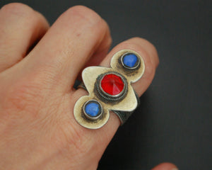 Turkmen Silver Gilded Ring with Glass Stones - Size 9