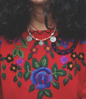 Coral Beads Necklace with Arabic Writing Coin Charms