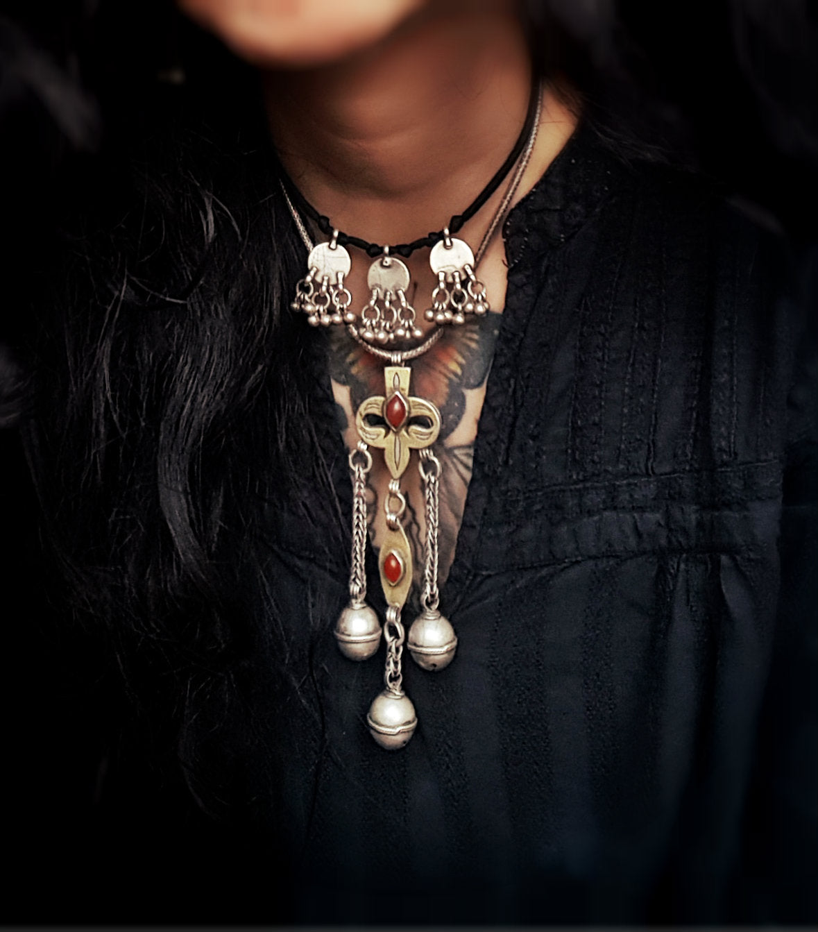 Antique Turkmen Pendant with Carnelian and Bells