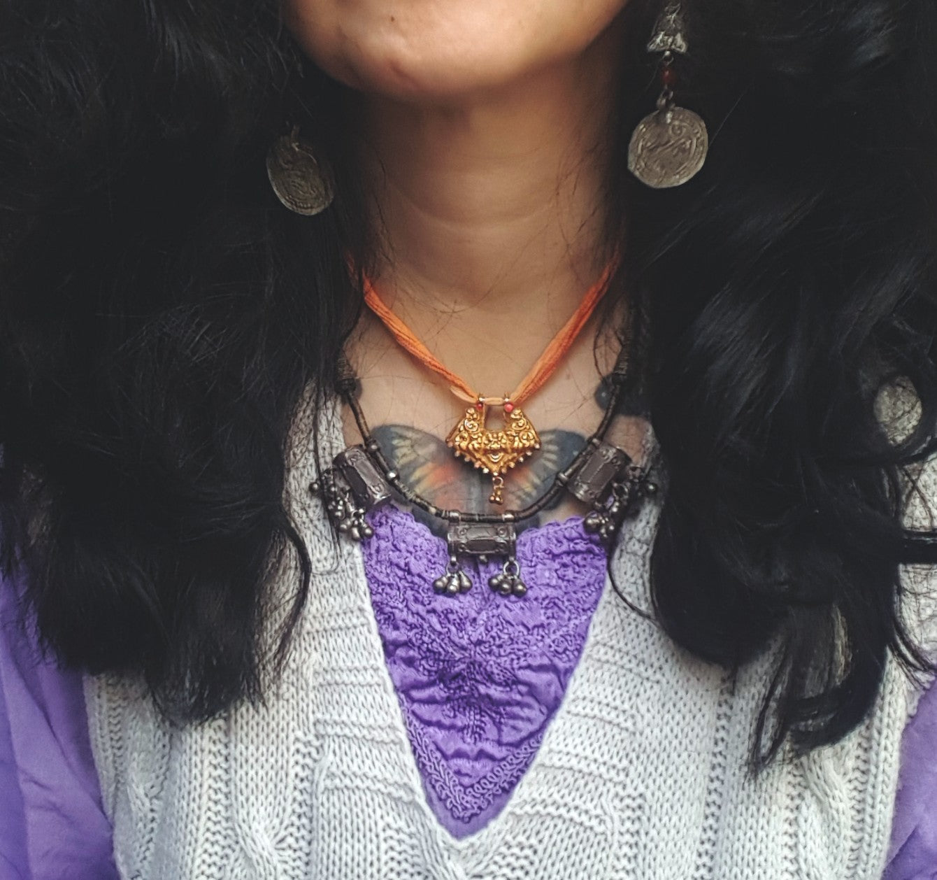 Old Rajasthani Silver Taviz Cotton Necklace
