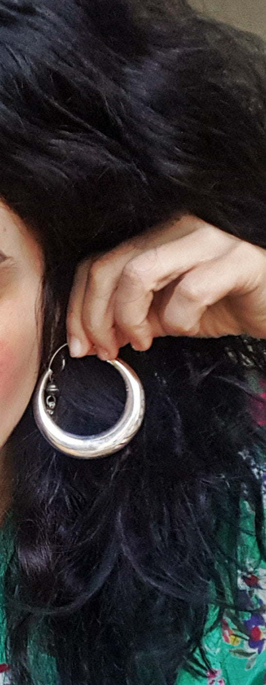 Huge Ethnic Silver Hoop Flatened Earrings