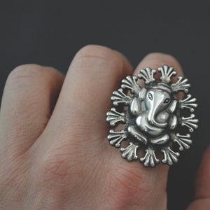 Ganesha Sterling Silver Ring - Size 7 - Adjustable