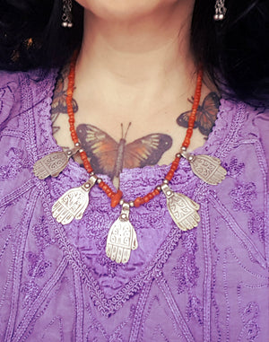 Berber Hamsa Coral Necklace with Silver Beads and Coin