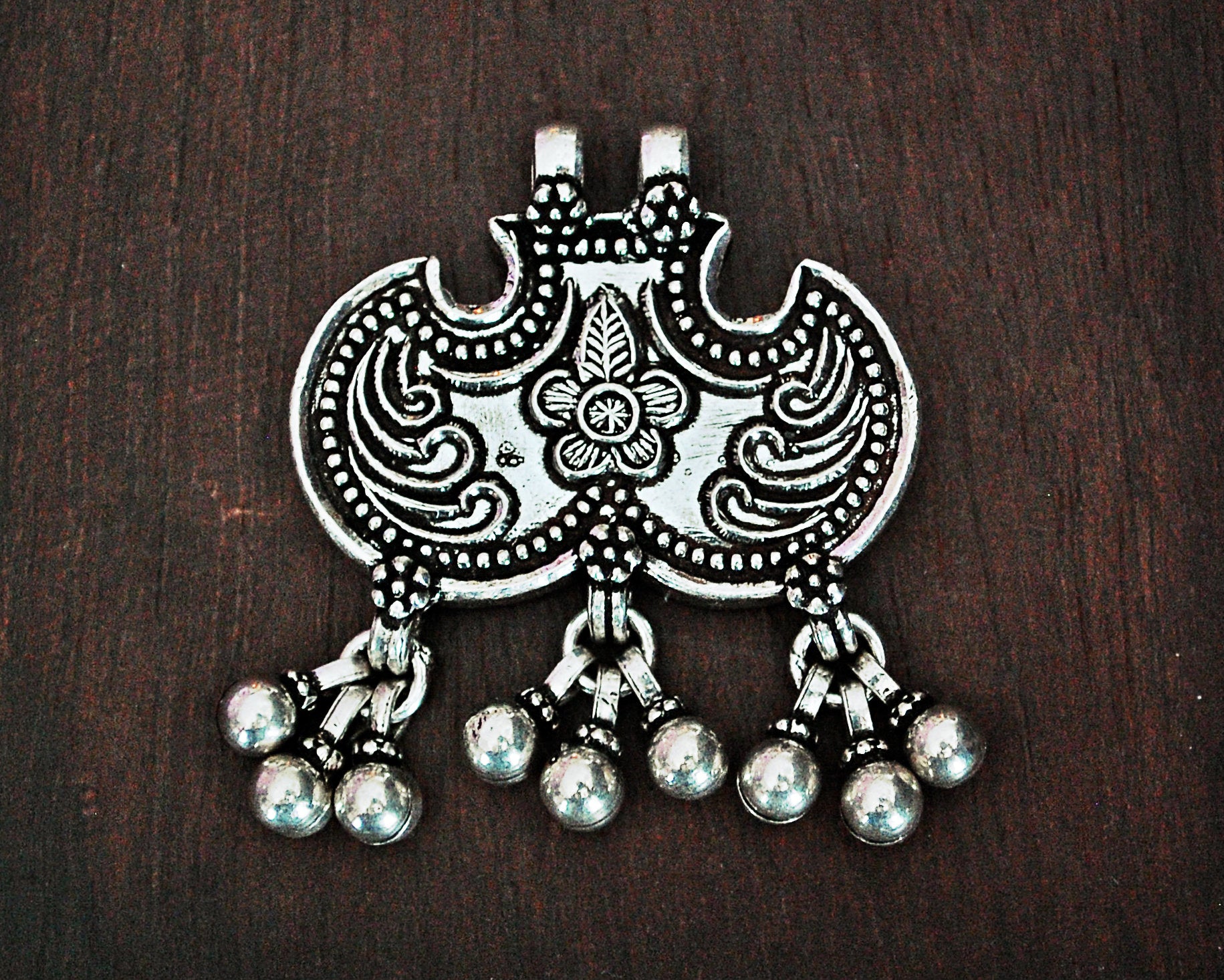 Rajasthani Silver Flower Pendant with Bells