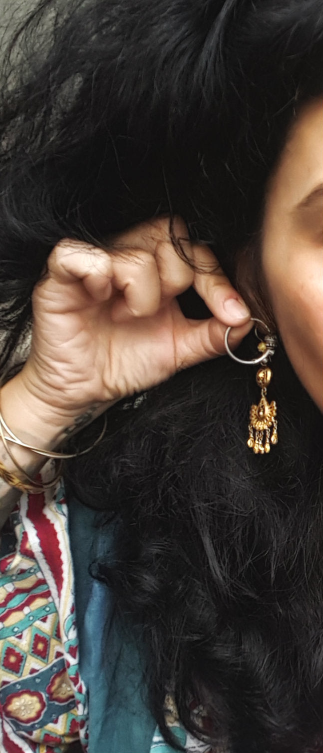 Ethnic Bali Hoop Earrings with Garnet