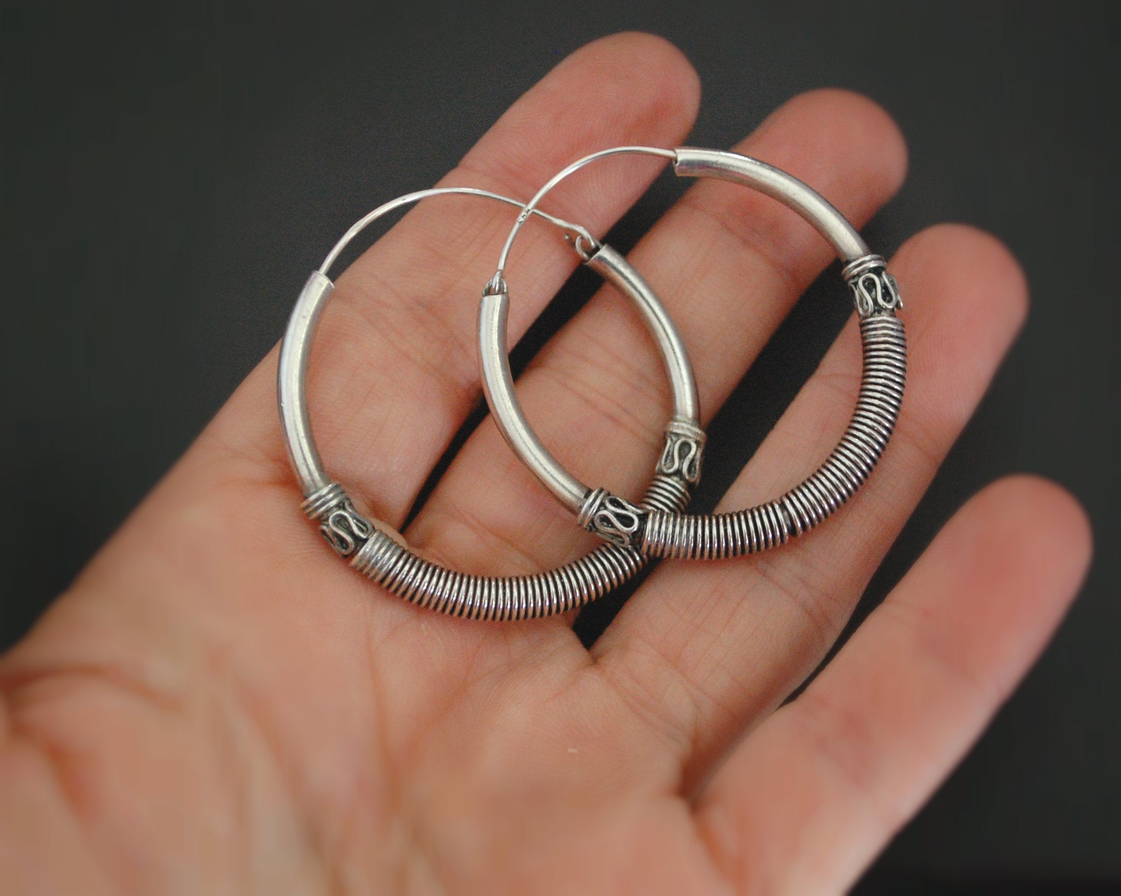 Large Ethnic Bali Hoop Earrings with Wire Work