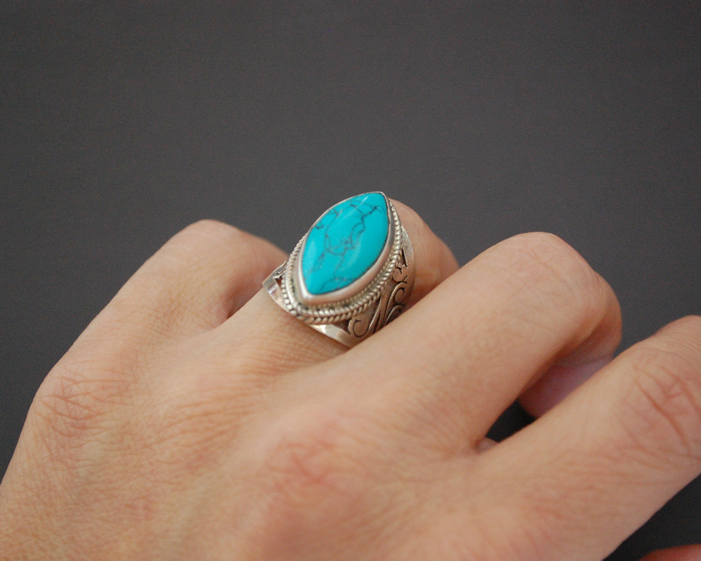 Ethnic Turquoise Ring with Openwork - Size 6