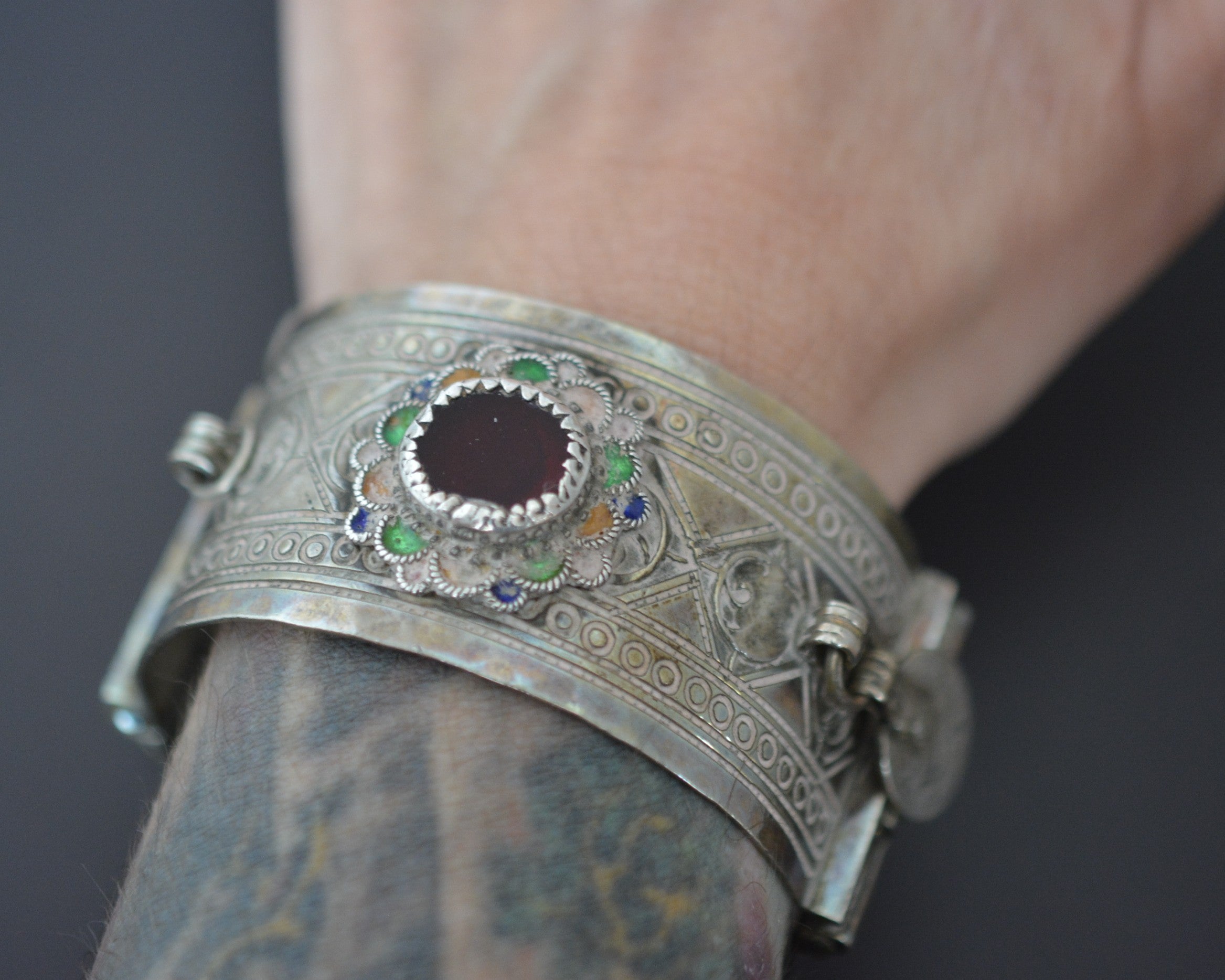 Berber Hinged Enamel Bracelet with Glass and Coins