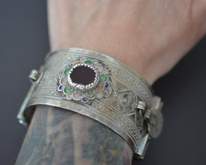 Berber Hinged Enamel Bracelet with Glass and Coins