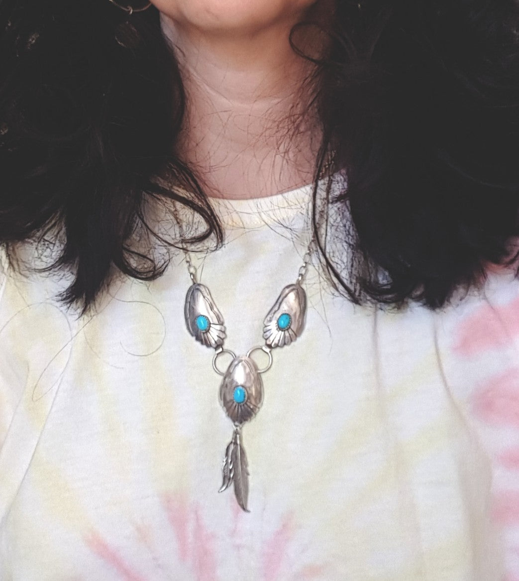 Native American Navajo Virgil Begay Turquoise Feathers Necklace
