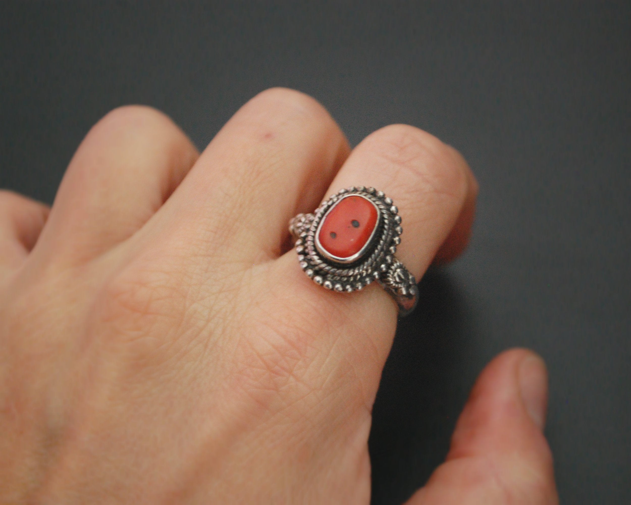 Vintage Nepali Coral Silver Ring - Size 8