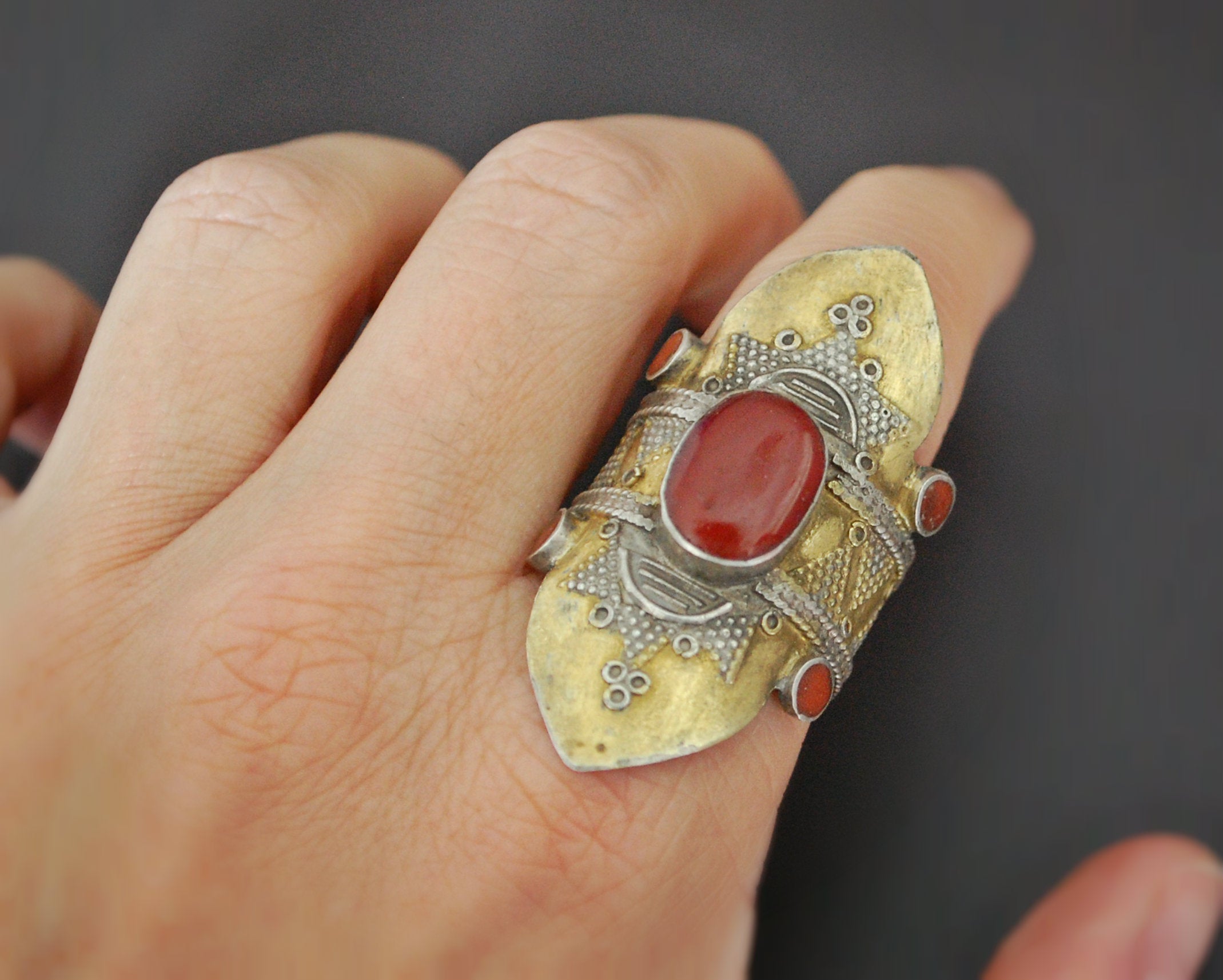 Vintage Kazakh Carnelian Gilded Silver Ring - Size 10.5