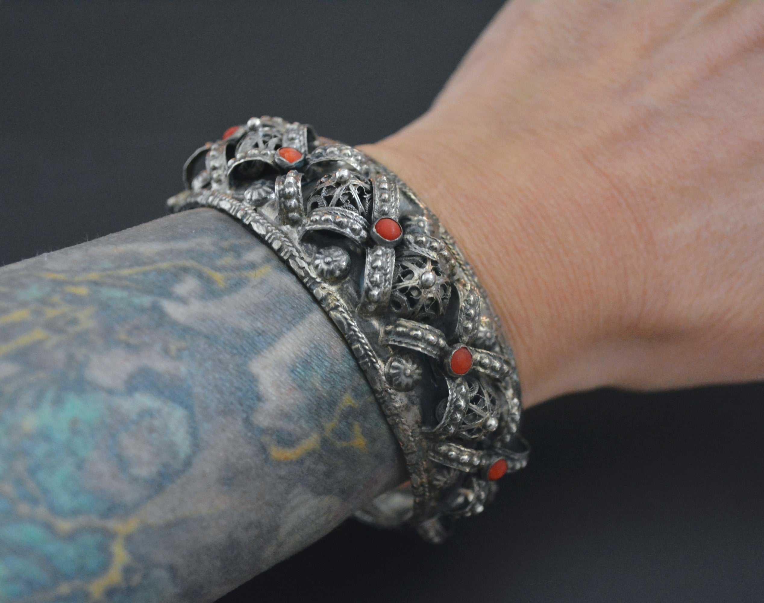 Substantial Coral Filigree Hinged Bracelet