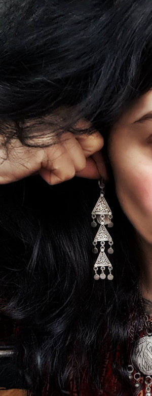 Ethnic Sterling Silver Oriental Filigree Dangle Earrings