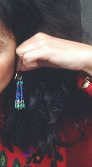 Beaded Tassel Earrings with Turquoise and Lapis Lazuli