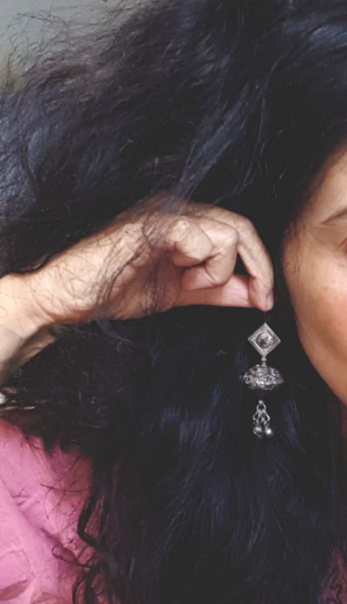 Silver Pakistani Sindh Earrings with Glas