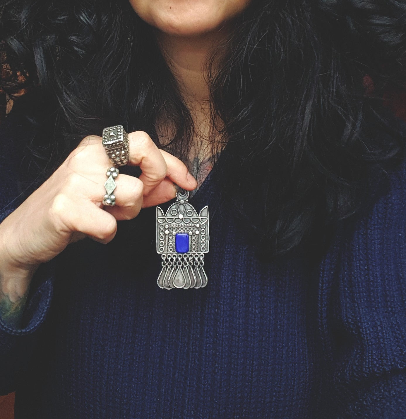 Ethnic Lapis Lazuli Pendant with Dangles