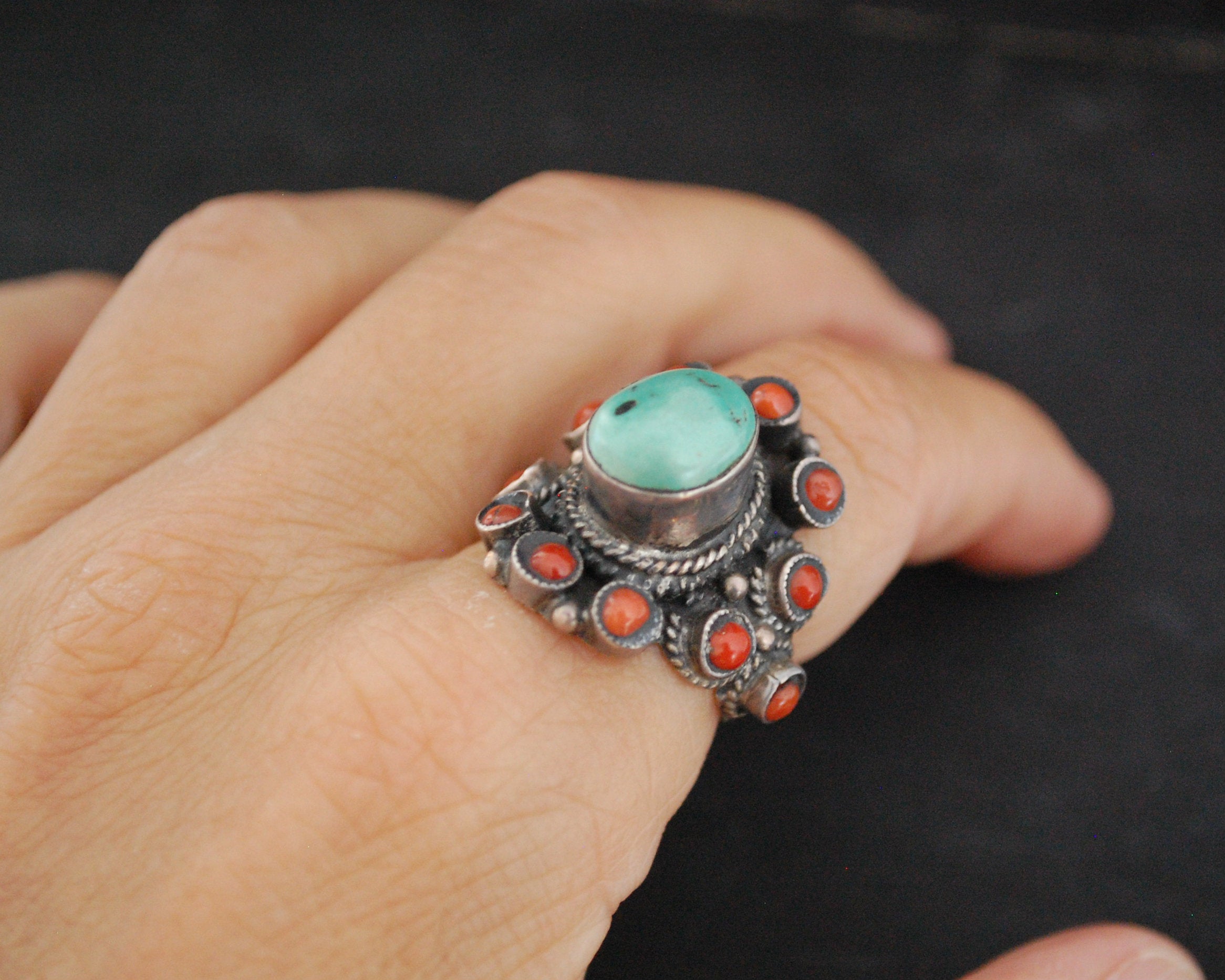 Nepali Turquoise Coral Ring - Size 6.75