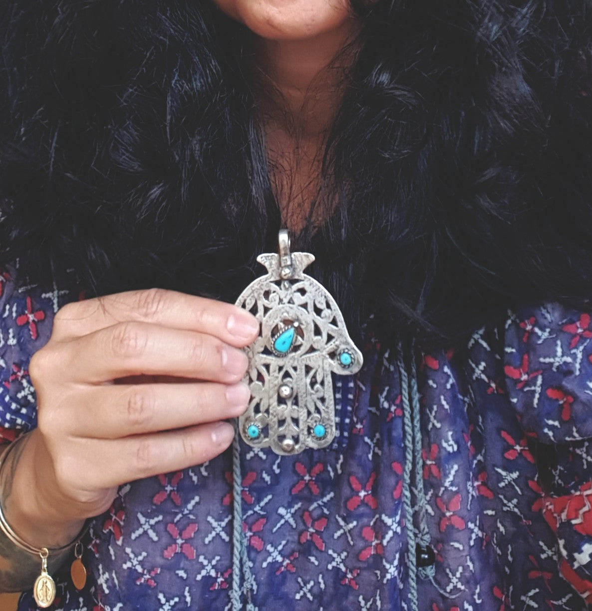 Large Antique Tunisian Hamsa Pendant with Turquoises