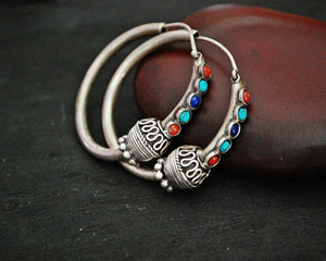 Ethnic Hoop Earrings with Turquoise, Coral, Lapis Lazuli