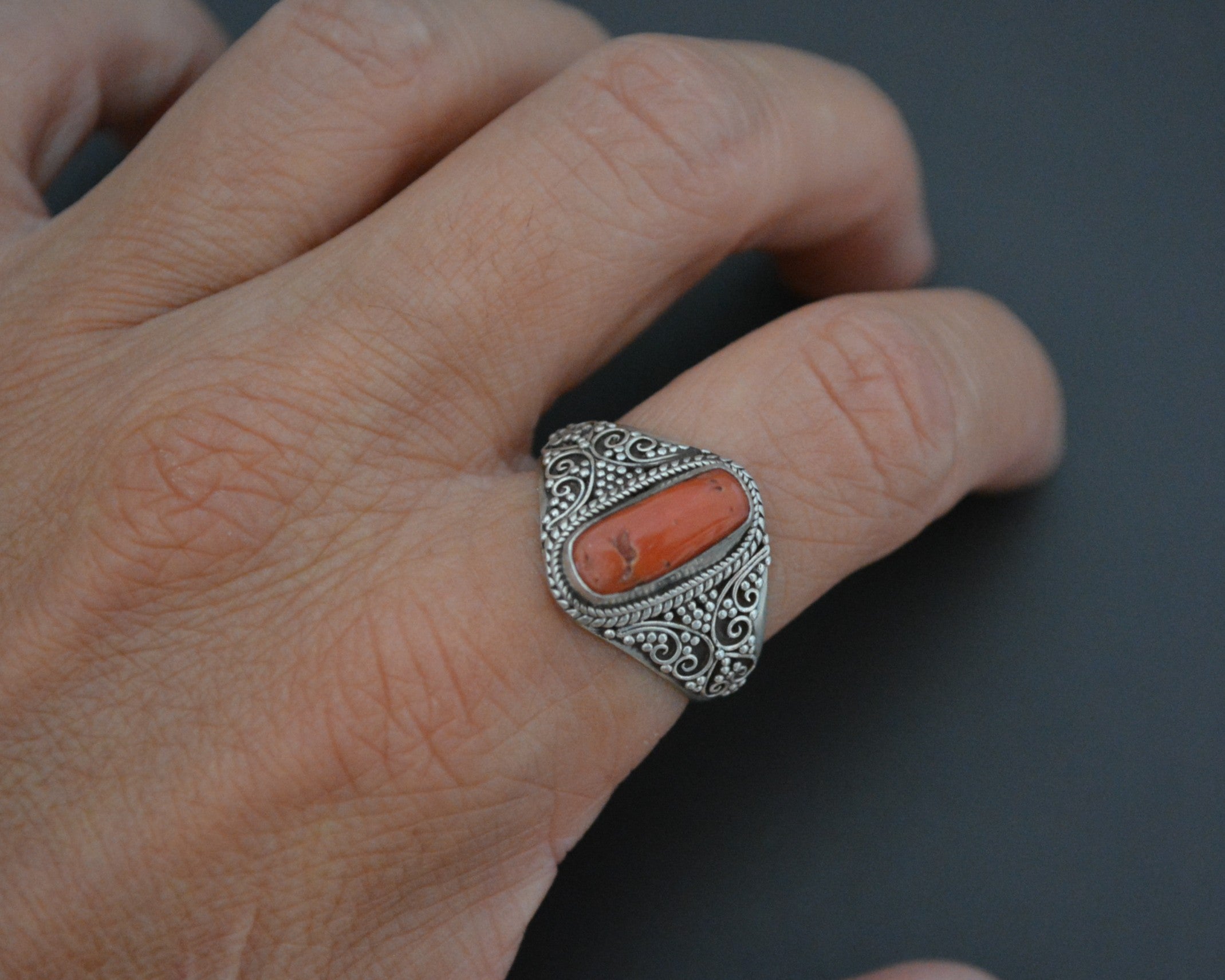 Vintage Nepali Coral Ring - Size 8 & 8.75