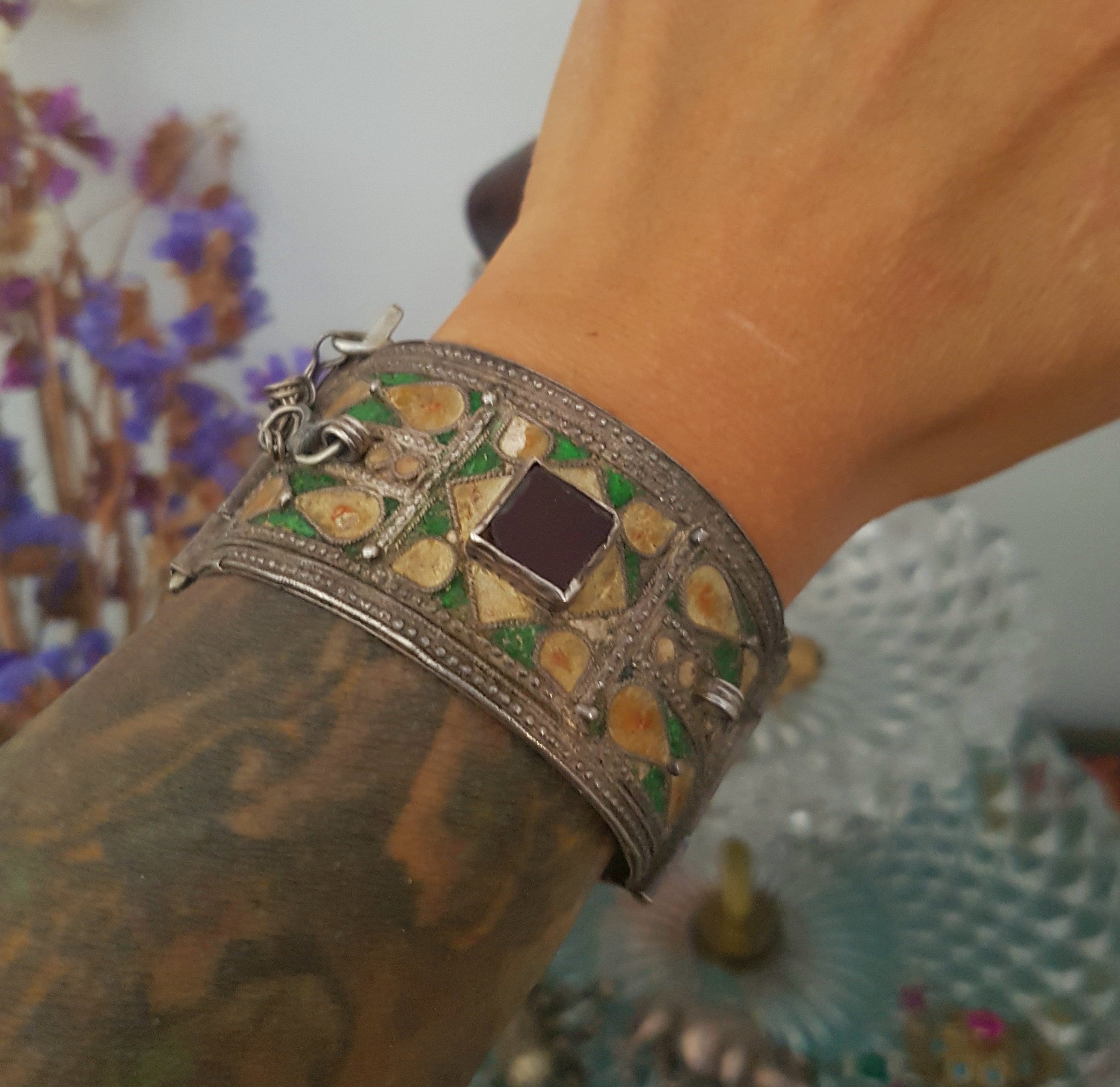 Reserved for R. - Berber Hinged Enamel Bracelet with Glass - SMALL