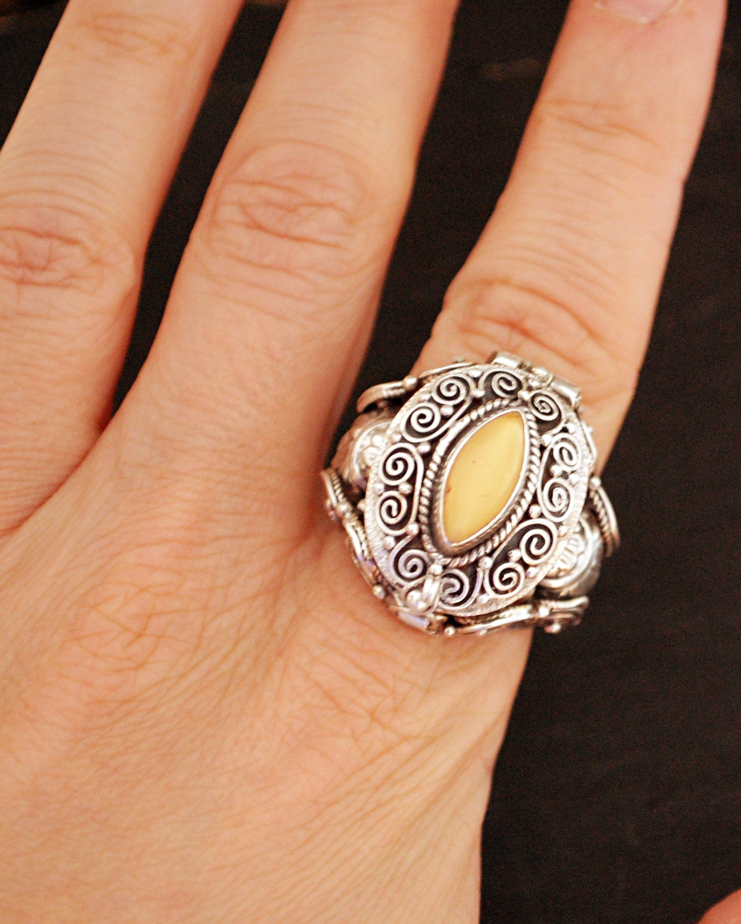 Ethnic Amber Poison Ring - Size 8.5+