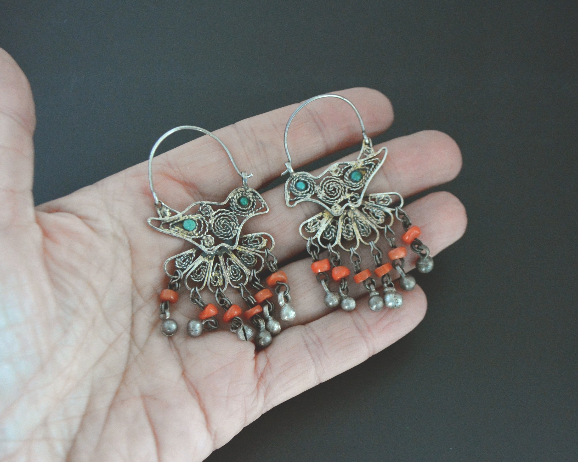 Uzbek Bird Earrings with Turquoise and Coral