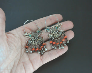 Uzbek Bird Earrings with Turquoise and Coral