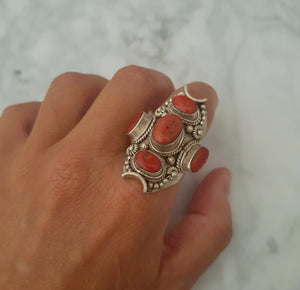 Large Nepali Coral Saddle Ring - Size 10