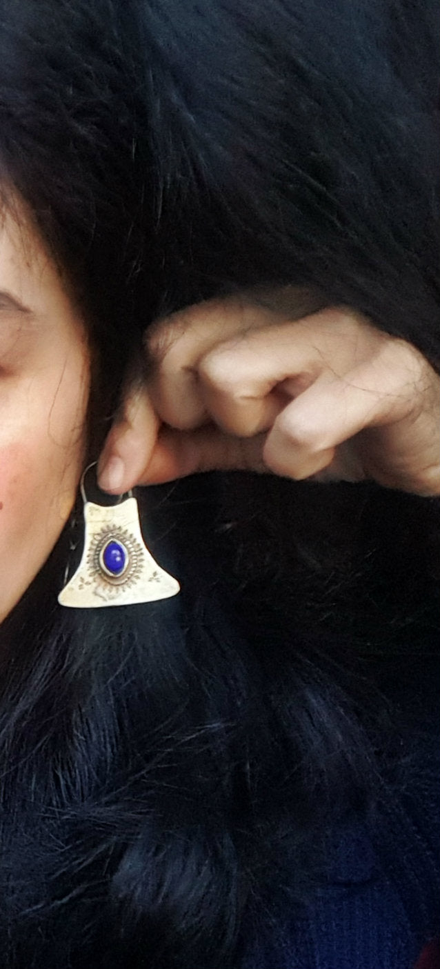 Ethnic Gilded Lapis Lazuli Earrings with Engravings