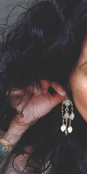 Gilded Uzbek Coral Turquoise Earrings with Enamel