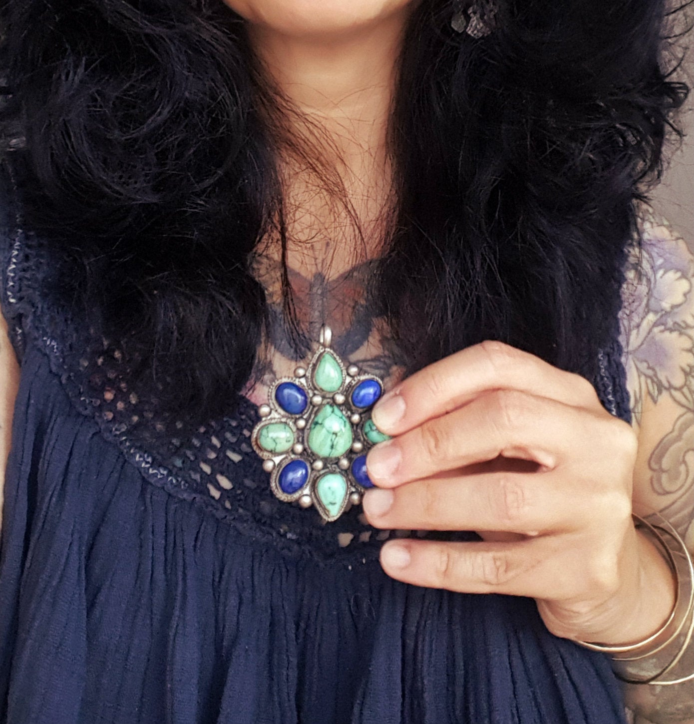 Large Nepali or Tibetan Turquoise Lapis Lazuli Pendant