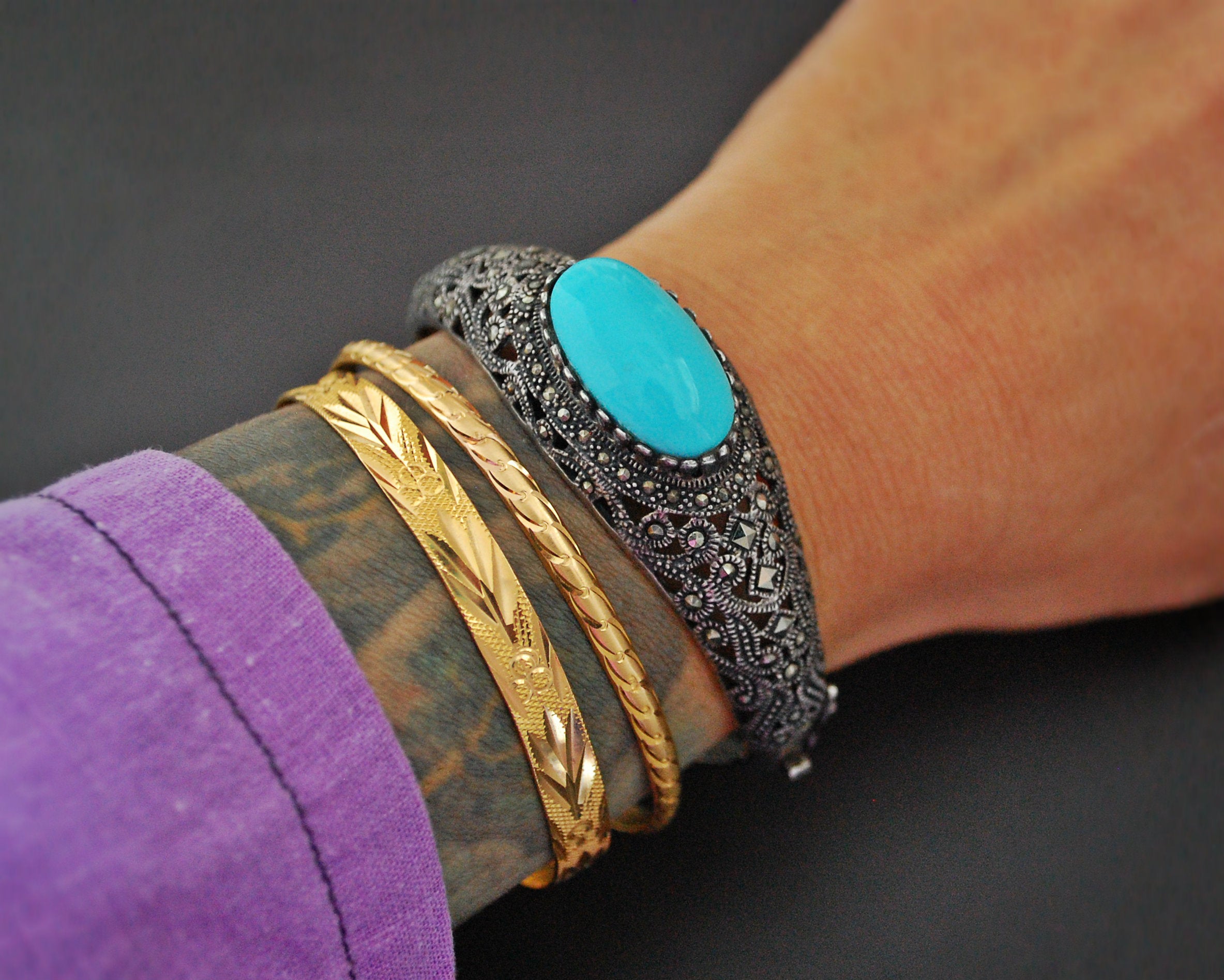 Gorgeous Turquoise and Marcasite Hinged Bracelet