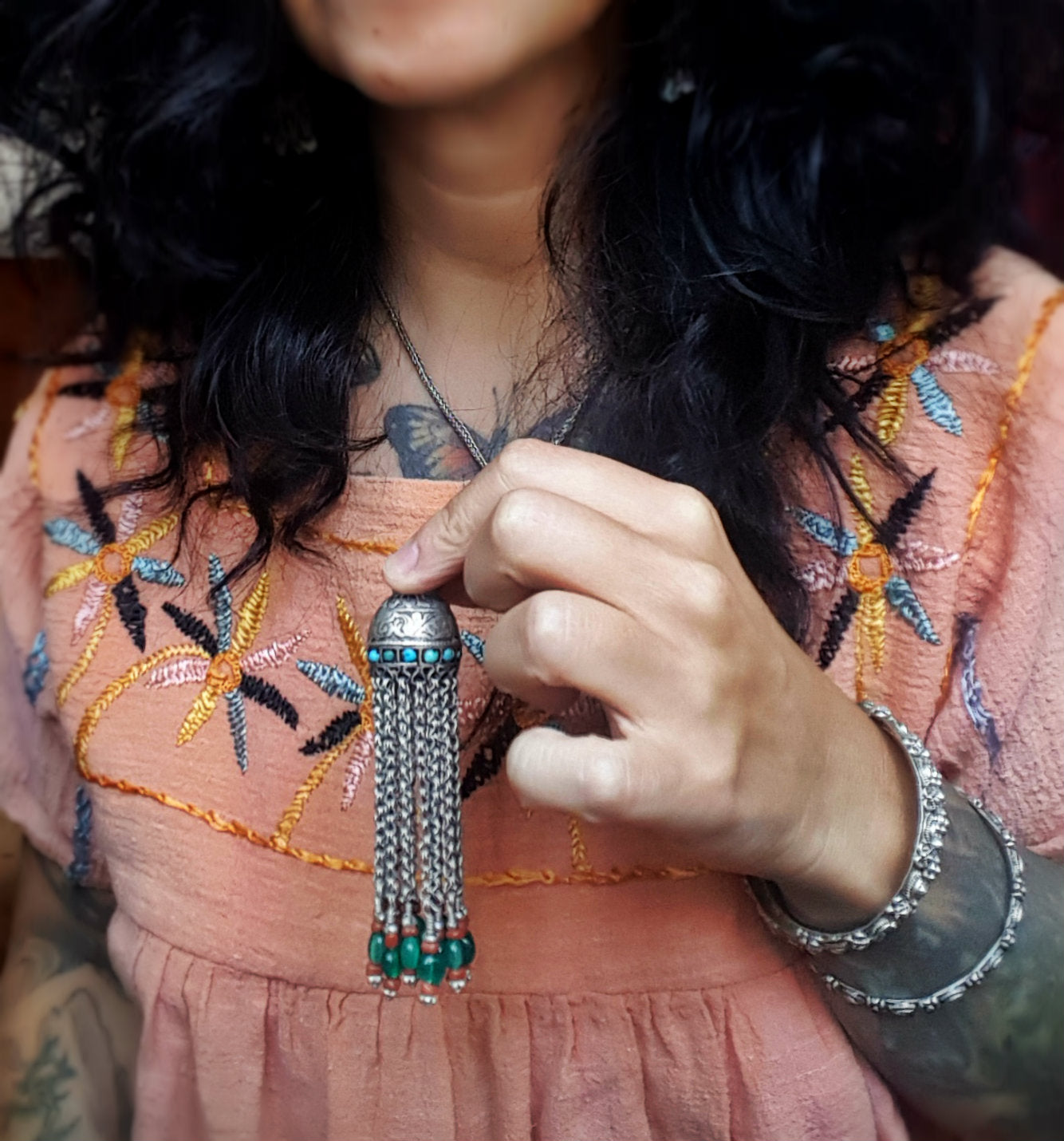 Old Uzbek Turquoise and Coral Tassel Pendant