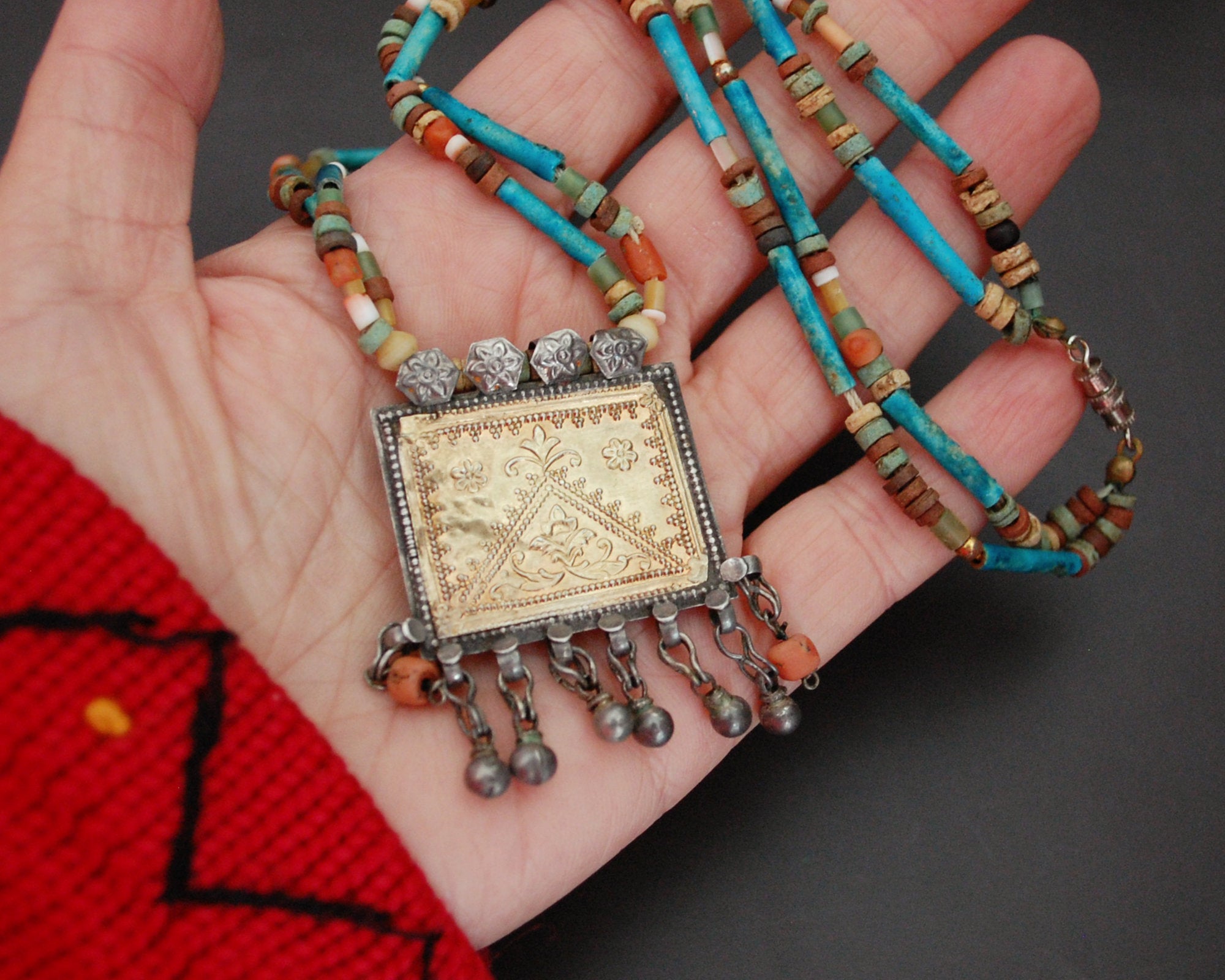 Antique Afghani Pendant and Faience Beads Necklace