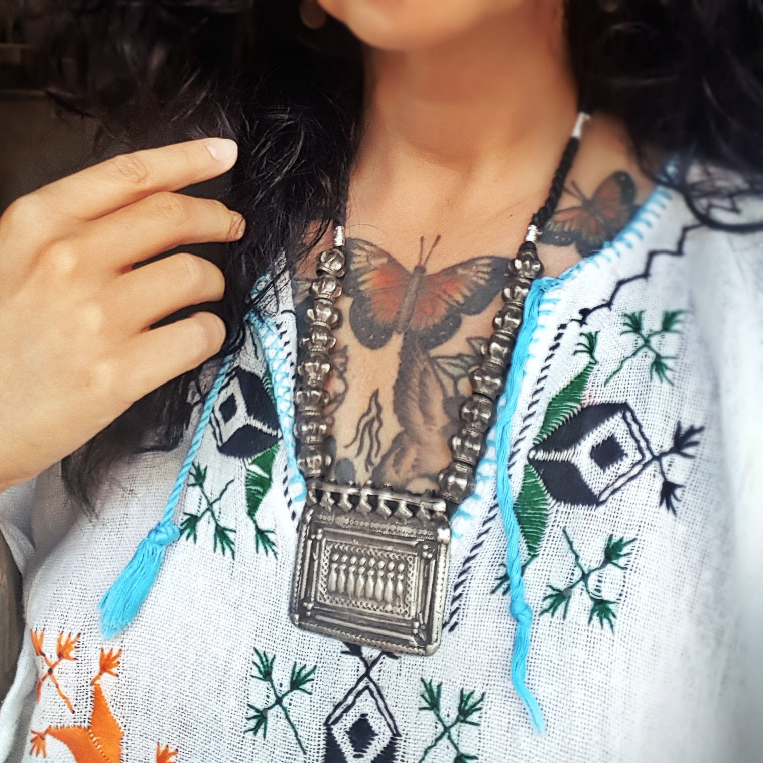 Rajasthani Sapta Matrika Silver Necklace on Cotton Cord