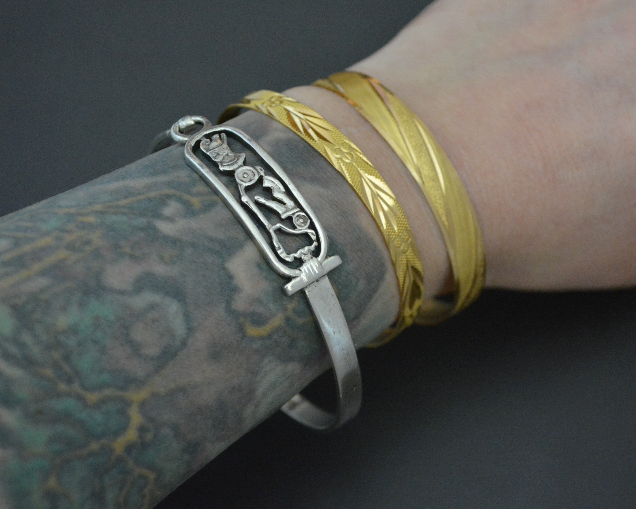 Egyptian Hieroglyph Silver Bracelet