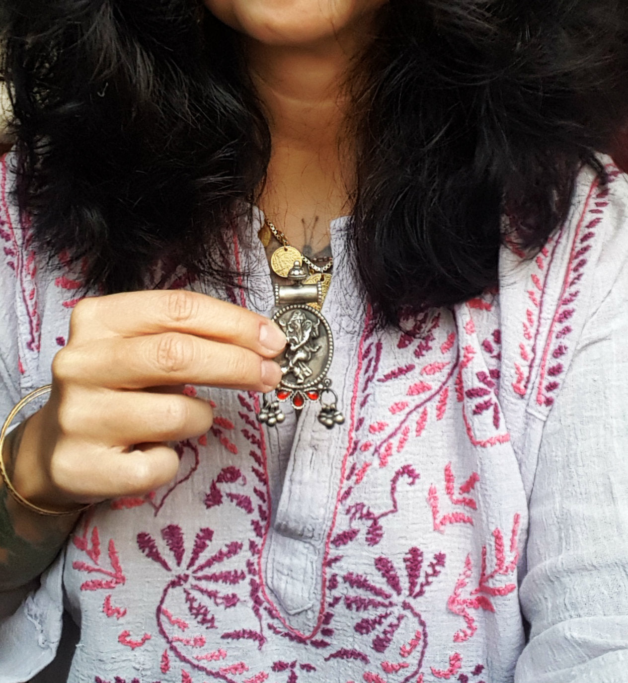 Ganesha Pendant with Bells and Red Glass