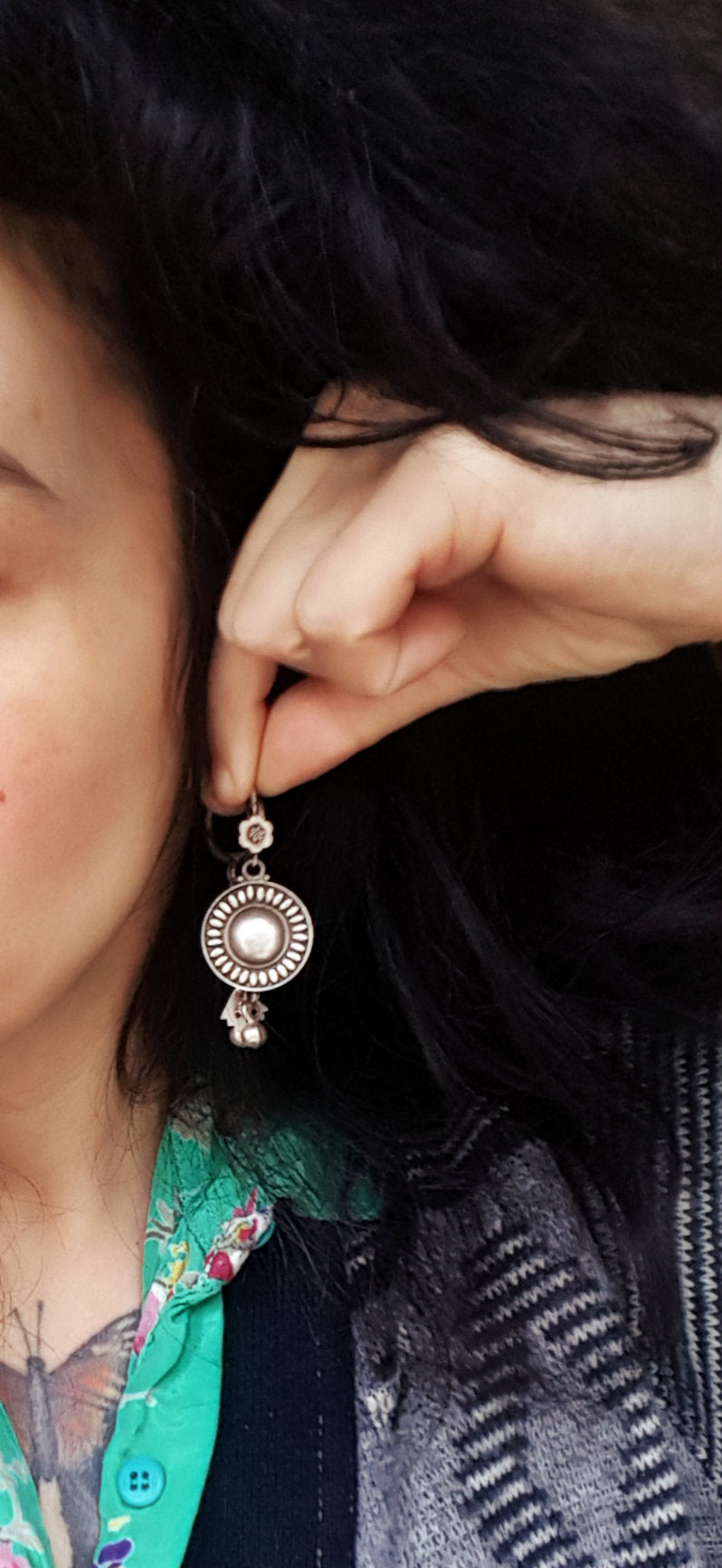 Indian Silver Dangle Earrings with Flower