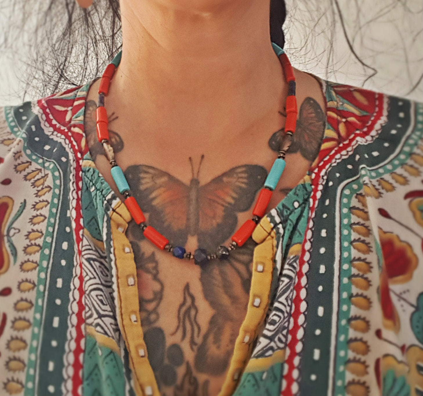 Ethnic Coral, Turquoise and Lapis Lazuli Silver Beads Necklace from India